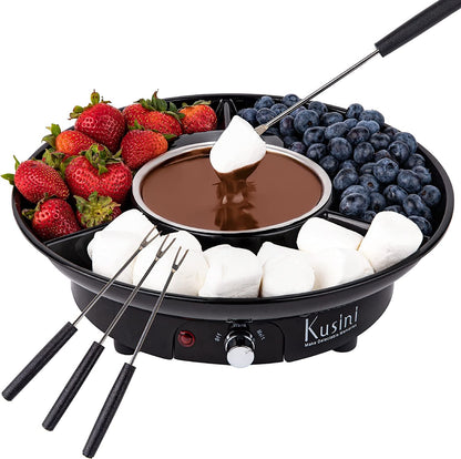 Electric Fondue Pot Set – Chocolate Fondue Kit - Temperature Control | Detachable Serving Tray, 10Oz Melting Pot, 4 Roasting Forks - Gift Set & Date Night Idea. Serve at Movie Night or Game Night.1