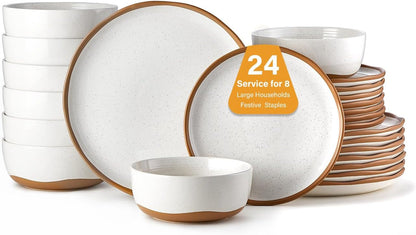 24 Piece Dinnerware Sets for 8 - Farmhouse Ceramic Plates and Bowls Sets - Scratch Resistant Stoneware Dishes Set, Dishwasher & Microwave Safe, Stack Compactly Dishware - Vintage White1