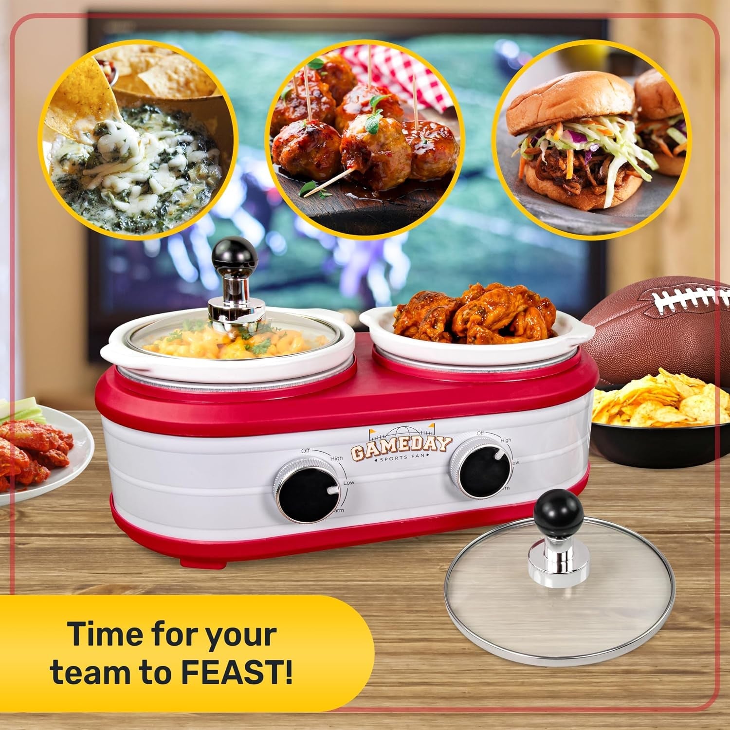 game-day-2-5-quart-2-section-slow-cooker-with-lid-and-ladle-keg-like-design-cooks-chicken-wings-meatballs-chilli-cheese-soup-stews-and-more