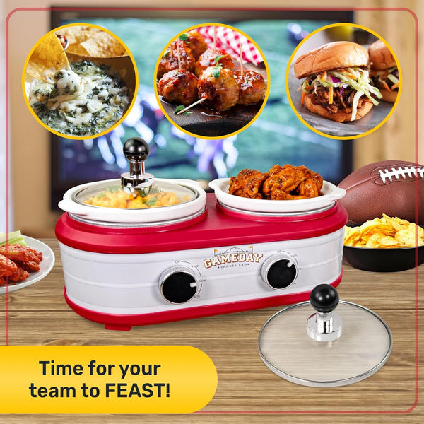 Game Day 2.5-Quart 2-Section Slow Cooker with Lid and Ladle, Keg-Like Design, Cooks Chicken Wings, Meatballs, Chilli, Cheese, Soup, Stews, and More5