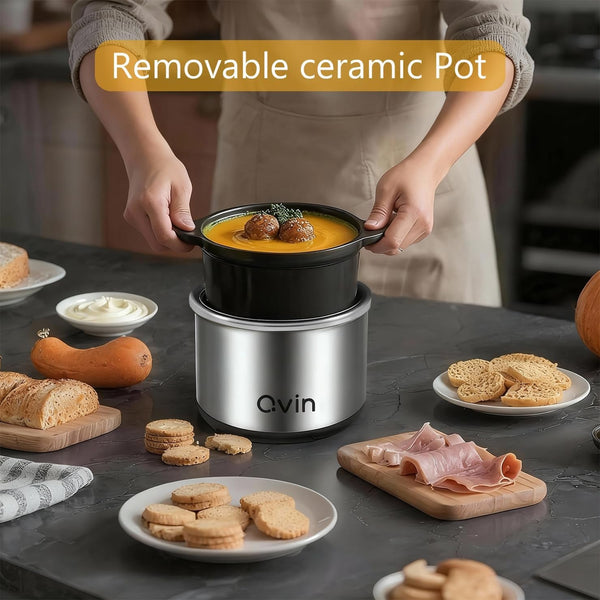 0.65Qt Mini round Slow Cooker, Fondue Melting Pot Warmer 20 Oz | Small Slow Cooker for Dips,Dishwasher-Safe 20Oz Stoneware,Sauce Warmer,Crock Glass Lid,Serve 1-2 Person,Stainless Steel,Black5