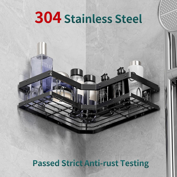 Corner Shower Caddy 3 Pack, Wall Mounted Stainless Steel Bathroom Organizer Shelf with Soap Dish, Adhesive No Drilling, Towel Hooks, Black3