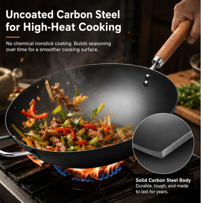 Carbon Steel Wok with Lid, 12.6 Inch Flat Bottom Wok Pan, Uncoated Stir Fry Pan with Wooden Handle, Chinese Wok for Gas, Electric, Induction & Ceramic Stoves | Uncoated Stir Fry Pan with Wooden Handle for Gas, Electric, Induction & Ceramic Stoves8