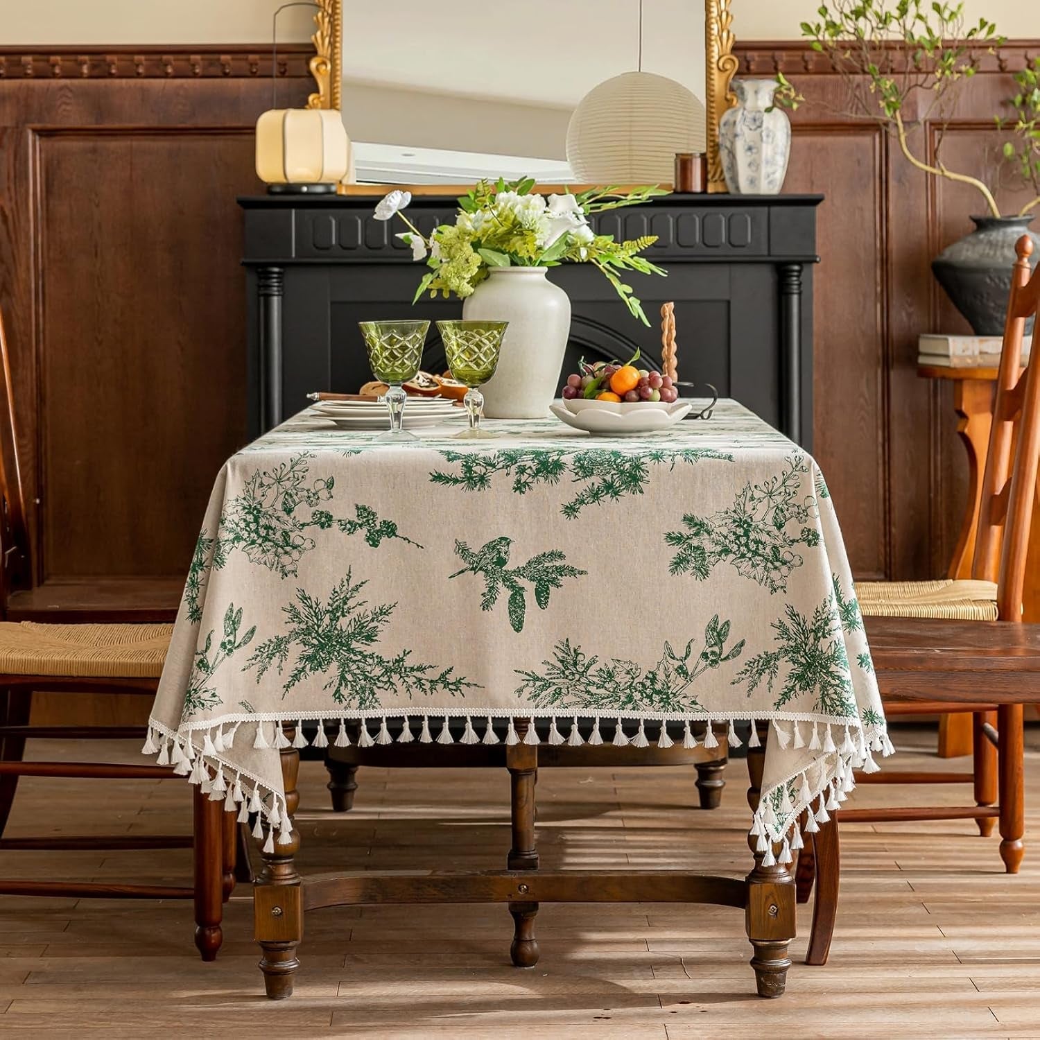 square-vintage-cotton-linen-tablecloth-with-stitching-tassels-washable-fabric-table-cover-for-dining-kitchen-tea-party-60-x-60-inches-green-pine-cone