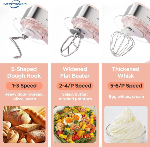 Electric Stand Mixer 5.3QT 6+P Tilt-Head Speed Pink | Standing Food Mixer with Egg Cream Whisk, Dough Hook & Flat Beater, Perfect Bread Dough Mixer for Home Baking and Daily Use4