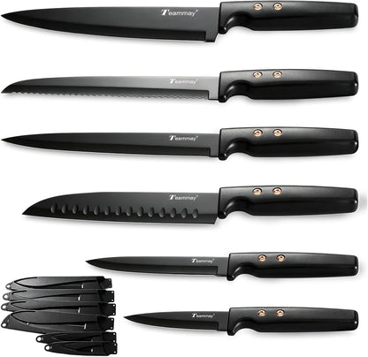 12-Piece Kitchen Knife Set, Stainless Steel Knives with Non-Stick Coating, Dishwasher Safe, Black Knife Set with Rose Gold Rivets 6 Blade Guards, Perfect for Home Chefs Cooking Enthusiasts1