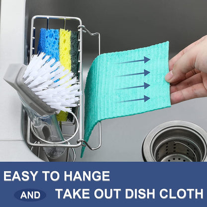 3-In-1 Sponge Holder for Kitchen Sink with Suction Cups & Adhesive Hook , In-Sink Sponge Holder, Wall Hanging Sink Caddy Organizer Rack - Sponge, Dish Cloth, Brush, Scrubber - 304 Stainless Steel4