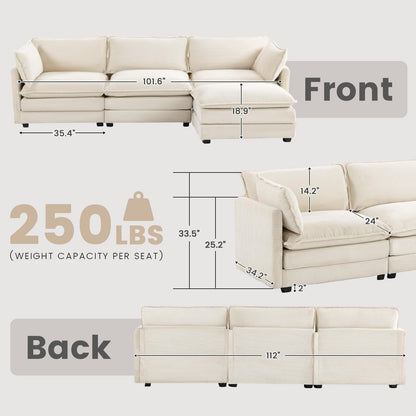 112'' Modular Sectional Cloud Couch with Movable Ottoman, 4 Seat Modern Corduroy Sofa, Deep Seat L Shaped Couch for Living Room Bedroom Apartment, Beige2