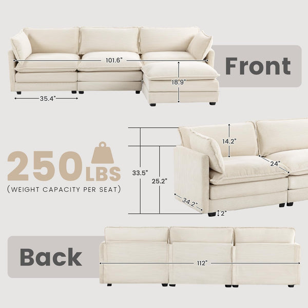 112'' Modular Sectional Cloud Couch with Movable Ottoman, 4 Seat Modern Corduroy Sofa, Deep Seat L Shaped Couch for Living Room Bedroom Apartment, Beige2