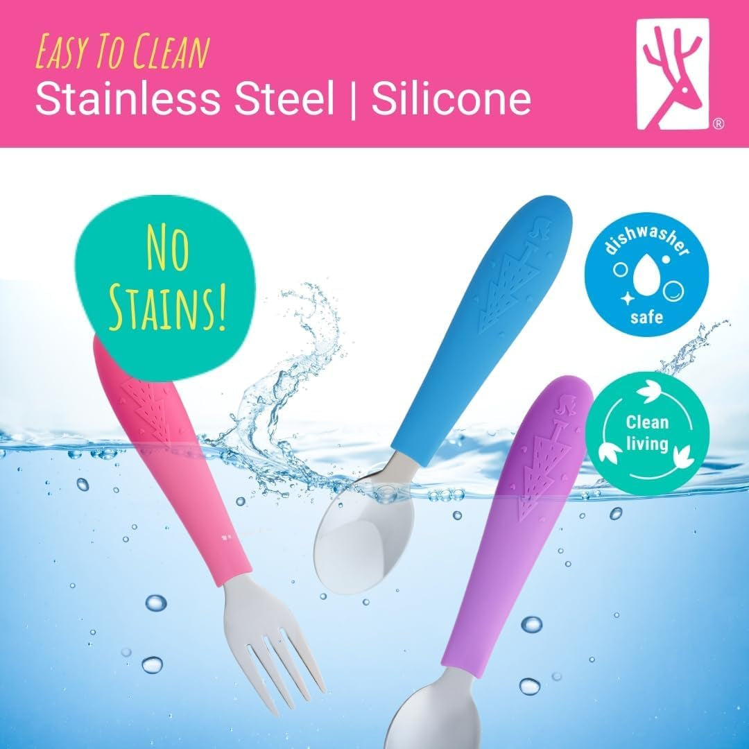 baby-toddler-silverware-with-silicone-handles-6pcs-kids-utensils-stainless-steel-cutlery-spoons-forks-childrens-flatware-dishwasher-safe