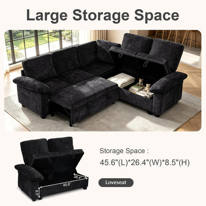 85 Inch Modular Sectional Sleeper Sofa with Pull Out Bed,L Shaped 5 Seat Sectional Couch with Storage, Modern Chenille Cloud Couch, Convertible Sectional Couches for Living Room, Apartment, Black3