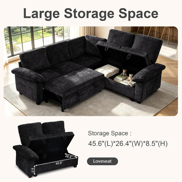 85 Inch Modular Sectional Sleeper Sofa with Pull Out Bed,L Shaped 5 Seat Sectional Couch with Storage, Modern Chenille Cloud Couch, Convertible Sectional Couches for Living Room, Apartment, Black3