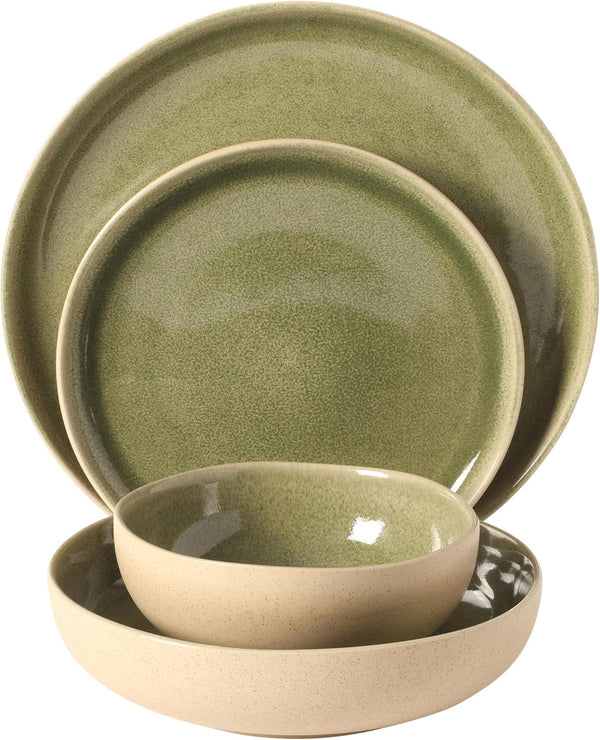 Manila Bay 16-Piece Stoneware Dinnerware Set, Service for 4, Reactive Glaze Modern Artisan Plates, Bowls & Mugs, Assorted Colors, round Design9