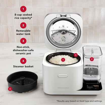 Kitchenaid 8 Cup Grain and Rice Cooker, Integrated Scale, Porcelain White | Automatically Sensing Grain-To-Liquid Ratio, Removable Steamer Basket, Water Tank, 21 Preset Cooking Options, Model KGC3155PL5
