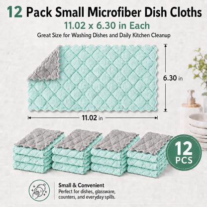 12 Pack Dish Cloths for Washing Dishes | Super Absorbent Microfiber Kitchen Dish Rags, Fast Drying Coral Velvet Dish Cloths for Kitchen Counter and Dishes, Green-Grey2