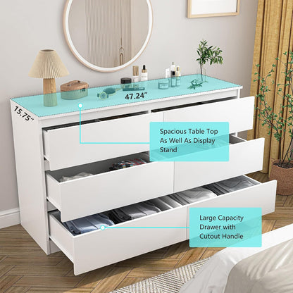 White Dresser 6 Drawer, Modern Double Dresser for Bedroom, Wood Chest of Drawers with Wide Storage for Living Room5