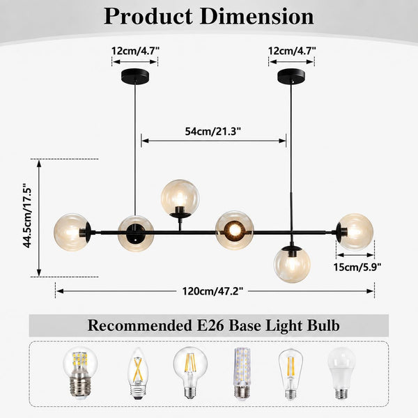 Lighting 6-Light Modern Globe Sputnik Chandelier Mid Century Black Pendant Light Chandelier Dining Room Linear Pendant Lighting Kitchen Island Adjustable Pendant Light Fixtures (Black+Amber)2