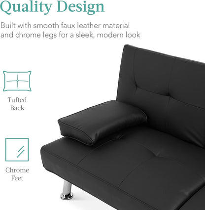 Faux Leather Upholstered Modern Convertible Futon, Adjustable Folding Sofa Bed, Guest Bed W/Removable Armrests - Black6