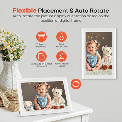 Frameo 10.1" Digital Picture Frame, Smart Wifi Digital Photo Frame with 1280X800 HD IPS Touch Screen 32GB Memory Auto-Rotate Wall Mounted, Share Photos/Videos from Phone Anywhere(White)8