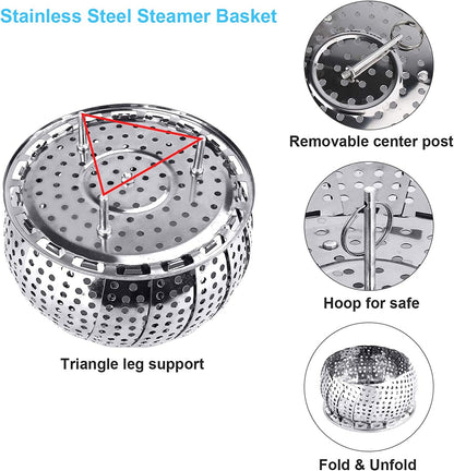 Veggie Vegetable Steamer Basket, Folding Steaming Basket, Metal Collapsible Stainless Steel Steamer Basket Insert, for Cooking Food, Expandable Fit Various Size Pot(5.3" to 8.6")3