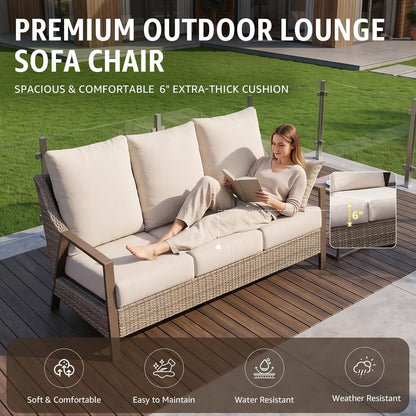 4 Piece Outdoor Patio Furniture Set, All Weather Wicker Conversation Set with 6" Thick Cushions, High Back Deep Seating Sofa & Armchairs, Outdoor Couch Set with Coffee Table for Backyard, Balcony5