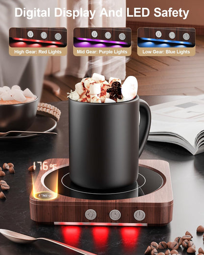 Coffee Mug Warmer for Desk, Candle Warmer Plate, 12H Timer, Wood | Fast Heating to 176°F, LED Display, Color-Coded Lights, Temperature Memory, 5.2-Inch Plate; Coffee Gifts2
