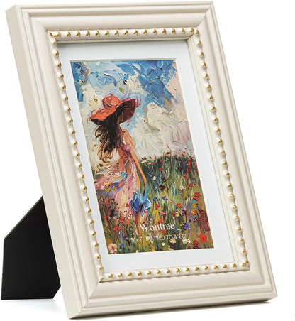 5X7 Picture Frame in Beige with Classic Gold Beaded Border, Solid Wood with Real Glass, Display 5X7 Photos Matted to 4X6, Vertical and Horizontal Desk Tabletop or Wall Hanging2