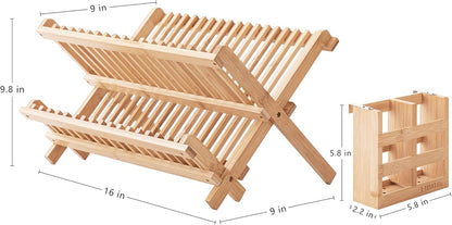 Dish Rack, Bamboo Folding 2-Tier Collapsible Drainer Dish Drying Rack with Utensils Flatware Holder Set (Dish Rack with Utensil Holder)3