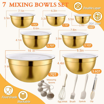 7 Pack Gold Mixing Bowls Set with 5 PCS Kitchen Accessories, Stainless Steel Nesting Mixing Bowls with Airtight Lids, Baking, Prepping and Serving Food, Stackable Size 7,3.6,2.7,2.1,1.5,1.1,0.8QT5