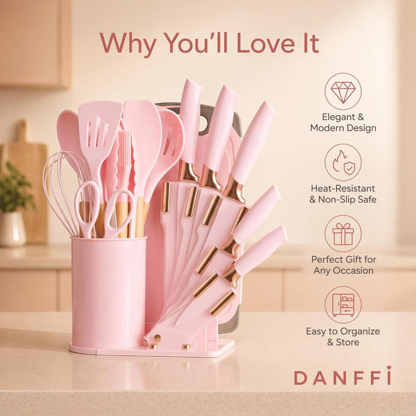 19-Piece Pink Kitchen Utensils Set with Knife Set & Cutting Board - Silicone Cooking Utensils with Wooden Handles, Rose Gold Accents, Scissors, Whisk & Tongs - Bpa-Free Pink Kitchen Gift Set4