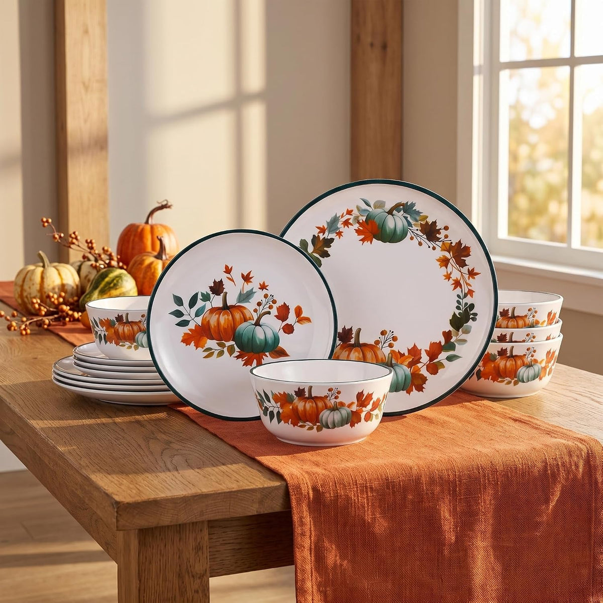 12-piece-melamine-dinnerware-set-for-4-fall-pumpkin-plates-and-bowls