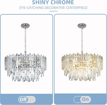 24" Modern Crystal Chandelier, 3-Tier Chrome Pendant Light with 8 Lights, Luxury K9 Crystal Ceiling Fixture for Dining Room Living Room Foyer7