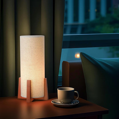 Modern Small Table Lamps, Nightstand Lamp with Linen Fabric Shade, 13.97" Cylinder Wood Base Bedside Table Lamp for Bedroom Office Living Room Home Decor2