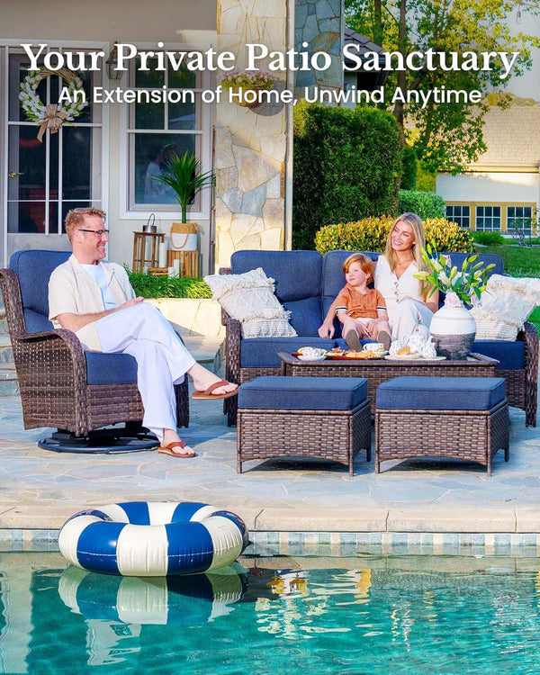 6-Piece Luxury Patio Furniture Set with 6" Thick Cushions, Weather-Resistant Wicker High Back Swivel Rocker Chairs, Senior-Friendly Outdoor Sofa Set for Large Deck, Yard and Poolside, Blue(V2)3
