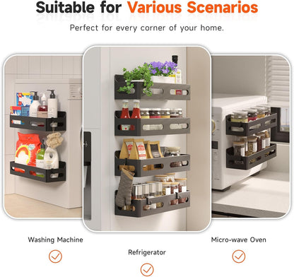 4-Pack Magnetic Spice Rack for Refrigerator with Hooks, Black | Strong Multipurpose Magnetic Shelf for Kitchen & Bathroom Organization. Includes 4 Removable Hooks for Hanging Items.6