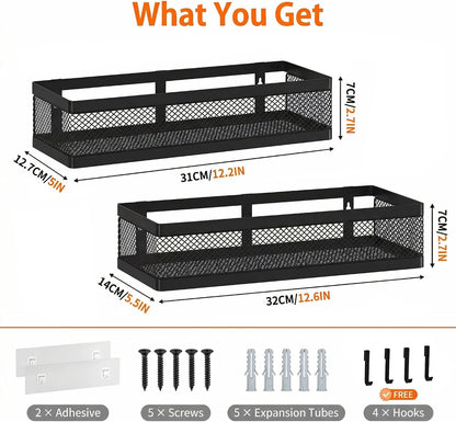 Mesh Shower Caddy Wall Mount, Heavy Duty Adhesive Bathroom Shelf Organizer, Rustproof Floating Spice Rack for Kitchen Pantry, Holds 50 LBS, Multi-Purpose Storage Black-2 Packs (Netting)3