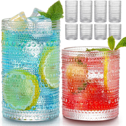 Vintage Hobnail Drinking Glasses Set of 8, 12 Oz Highball Glasses & 10 Oz Cocktail Glasses Set, Kitchen Water Glasses Cup, Bar Tumbler Glassware Set for Beer, Juice, Cocktail, Whiskey, Milk1