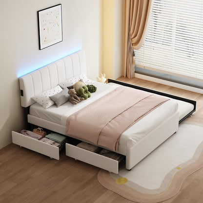 Queen Size Upholstered Platform Bed W/Trundle Bed & 2Storage Drawers1