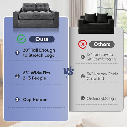 63'' Loveseat Sleeper Sofa Bed, Boneless Convertible Corduroy Pull Out Couch with Cup Holders and 2 Pillows, Space Saving Sofa Bed for Small Spaces, Living Room, Bedroom (Grey)3