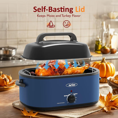 Electric Roaster, 26 Quart Electric Roaster Oven with Glass Lid, Turkey Roaster Oven Buffet with Self-Basting Lid, Removable Pan, Cool-Touch Handles, Blue5
