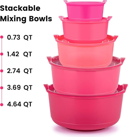 5PC Mixing Bowls Set with Lids | Ombre Pink Bpa-Free Nesting Salad & Meal Prep Bowls for Mixing, Serving & Storage (0.74 QT - 4.65 QT) Dishwasher Safe (Lids Not Microwave-Safe)2