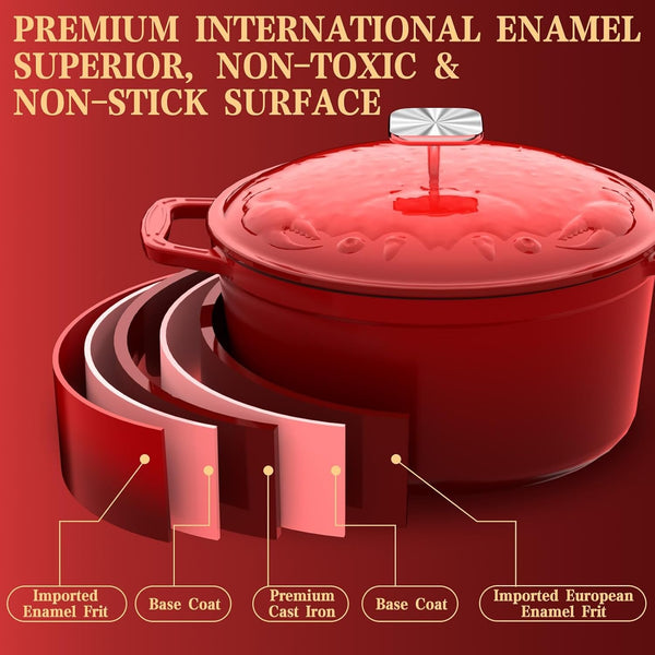 Enameled Cast Iron Dutch Oven - 5 Quart, Crab Lid (Patented), Oversized Knob, for Bread Baking Braiser, Cooking Stock Pot - Red4