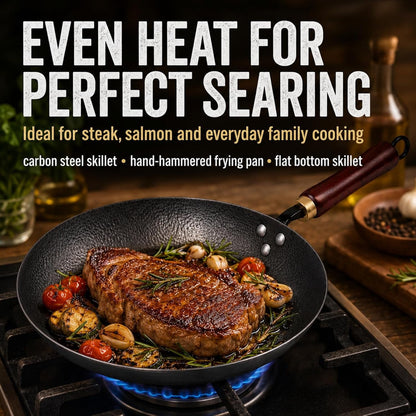 10.5" Hand Hammered Carbon Steel Skillet for Searing | Uncoated Surface; Removable Handle for Oven Use, Smoother Food Release with Seasoning, and Compatibility with All Stovetops.2