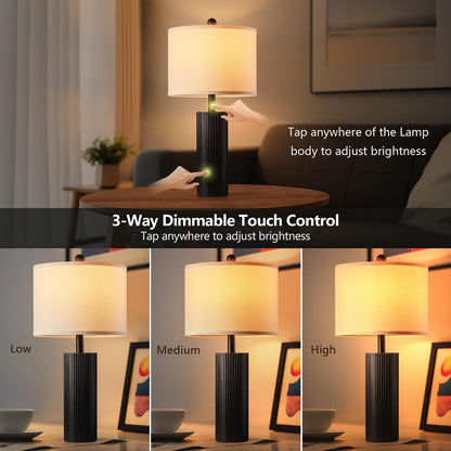 24.5" Black Lamps Set of 2, Modern Table Lamps for Living Room with USB C+A Ports, Creative Stripe Touch Lamps for Nightstand, 2 Bulbs Included4