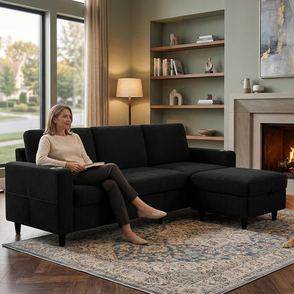 Convertible Sectional Couches for Living Room, 3 Seats L Shaped Sofa with Storage Ottoman & 2 Cup Holders, Modern Corduroy Couch Small Sofas for Small Space, Apartment, Office, Black7