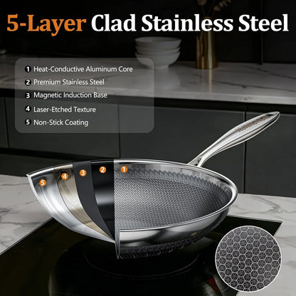 Wok Pan, 11 Inch Hybrid Woks & Stir-Fry Pans Nonstick, Non Toxic 5-Ply Stainless Steel Wok Pan with Lid, Laser Etched Surface, Works on All Stoves, Dishwasher & Induction Safe, PFOA Free3