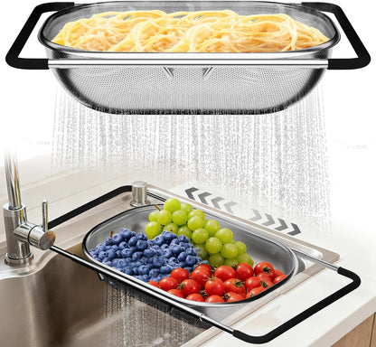 Over the Sink Colander - Strainers and Colanders - Sink Strainer Basket - Expandable Fine Mesh Strainer with Rubber Grip for Veggie, Fruits, Pasta, Home Kitchen Essentials (9.5W X 13.4-21.3L X 3.3H)1