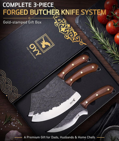 3PCS Hand Forged Butcher Knife Set, Meat Cleaver Chef Knife & Boning Knife2