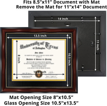 8.5X11 Diploma Frame with Black over Gold Mat or Display 11X14 Document without Mat, UV Protection Acrylic, Mahogany with Gold Beads4