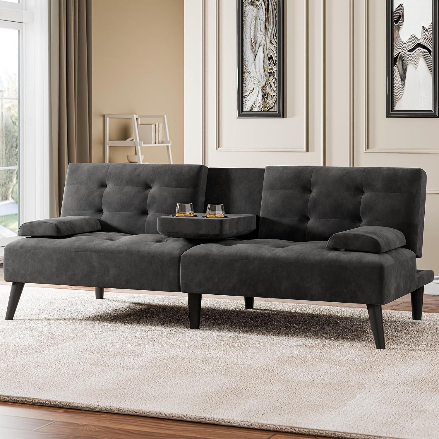 64-futon-sofa-bed-loveseat-2-cup-holders-black